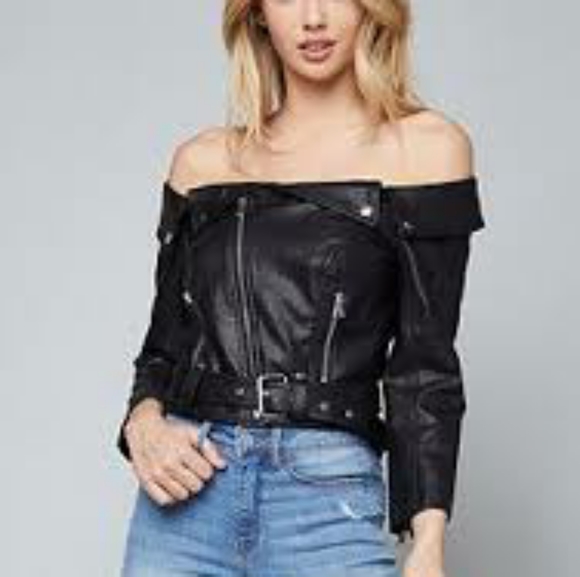 bebe Jackets & Blazers - Bebe faux leather off shoulder jacket w/belt
